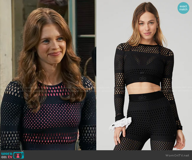 Alo Yoga Mesh Haute Summer Long Sleeve in Black worn by Victoria Vance (Jordan Clark) on Bunkd