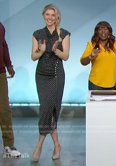 Amanda’s navy polka dot print dress on The Talk