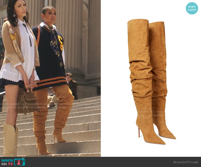 Amina Muaddi Jahleel Over the Knee Boot in Suede Honeybear worn by Julien Calloway (Jordan Alexander) on Gossip Girl