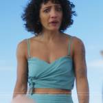 Andi’s teal green wrap crop top and pants set on Fantasy Island