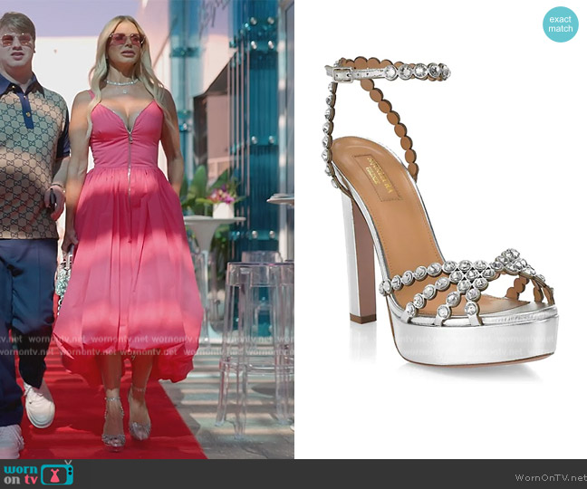 Aquazzura Tequila Crystal-Embellished Metallic Leather Platform Sandals worn by Alexia Echevarria (Alexia Echevarria) on The Real Housewives of Miami