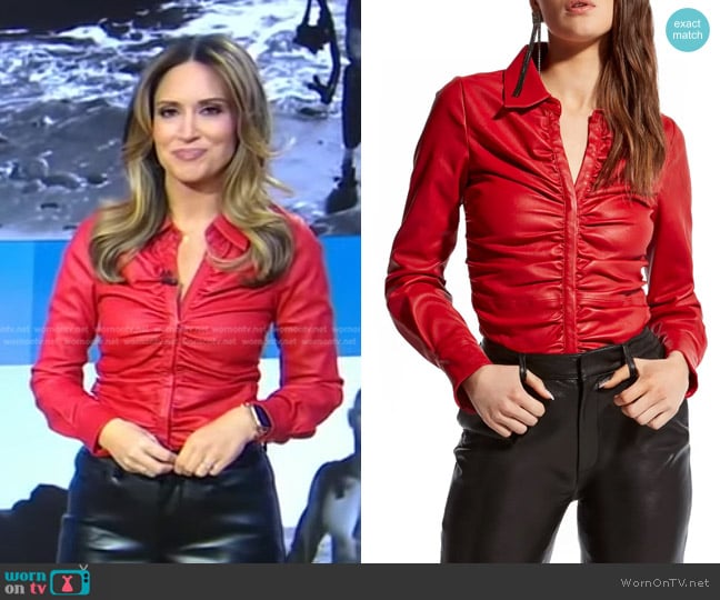 AS by DF Rouge Ruched Leather Button-Up Shirt worn by Rhiannon Ally on Good Morning America
