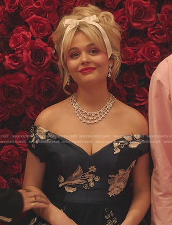 Audrey’s navy floral embroidered gown on Gossip Girl