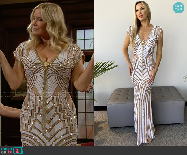 Baccio Couture Fabiola Sequin Long White Gold Lines worn by Brooke Logan (Katherine Kelly Lang) on The Bold and the Beautiful