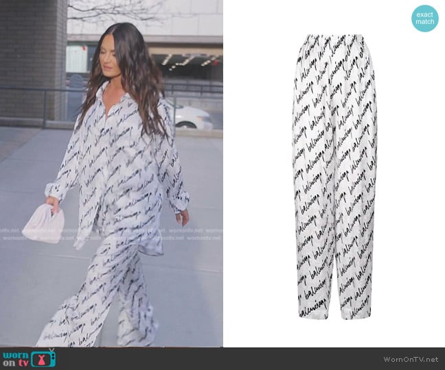 Balenciaga Logo Printed Silk Pajama Pants worn by Lisa Barlow on The Real Housewives of Salt Lake City