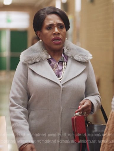 Barbara’s gray shearling collar coat on Abbott Elementary