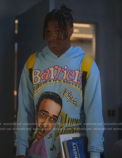 Zeke’s blue Barriers graphic hoodie on Grown-ish