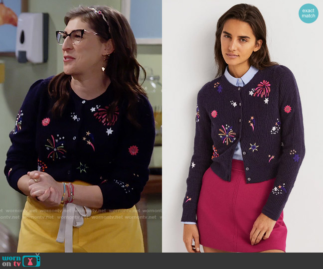 Boden Navy Fireworks-Embellished Ribbed Cardigan worn by Kat Silver (Mayim Bialik) on Call Me Kat