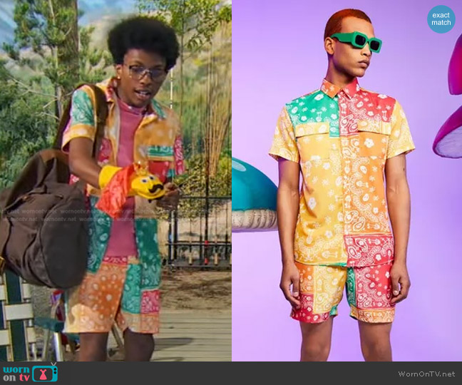 Boohoo Bandana Patchwork Shirt and Mid Swim Set worn by Noah Lambert (Israel Johnson) on Bunkd