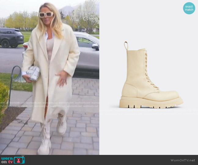 Bottega Veneta Lug Lace-Up Boot in Sea Salt worn by Heather Gay on The Real Housewives of Salt Lake City