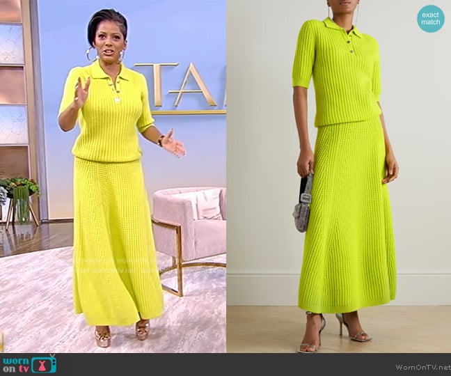 Brandon Maxwell Radlie neon pointelle-knit wool polo shirt worn by Tamron Hall on Tamron Hall Show