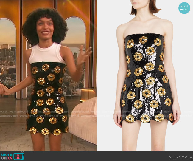 Brandon Maxwell The Esme Sequin Mini Dress w/ Floral Details worn by Yara Shahidi on The Drew Barrymore Show