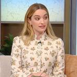 Brianne Howey’s white floral blouse and pants on Tamron Hall Show