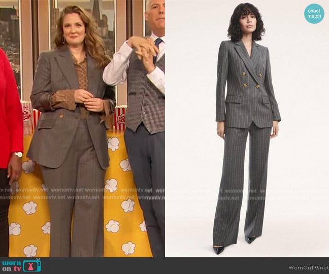 Brooks Brothers Wool Blend Double-Breasted Pinstripe Jacket worn by Drew Barrymore on The Drew Barrymore Show