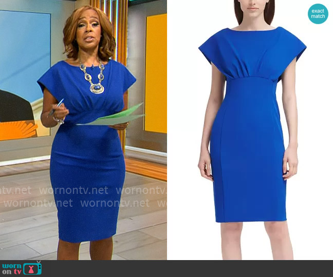 Calvin Klein Capelet Sheath Dress in Regatta worn by Gayle King on CBS Mornings
