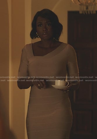 Camille’s beige asymmetric neck dress on Gossip Girl