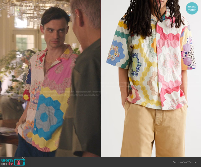 Carleen Camp-Collar Patchwork Cotton Shirt worn by Maximus Wolfe (Thomas Doherty) on Gossip Girl