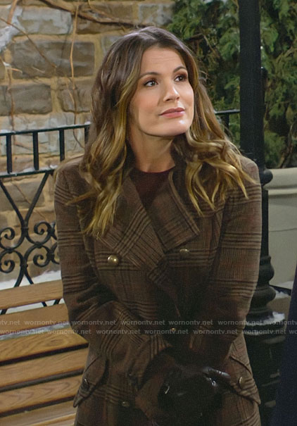 Chelsea’s brown plaid coat on The Young and the Restless