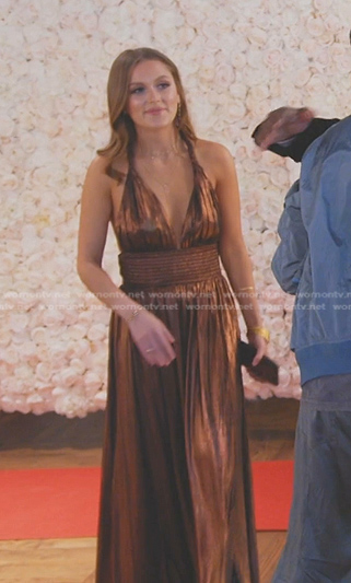 Chloe Marks’s metallic smocked waist dress on The Real Housewives of Salt Lake City