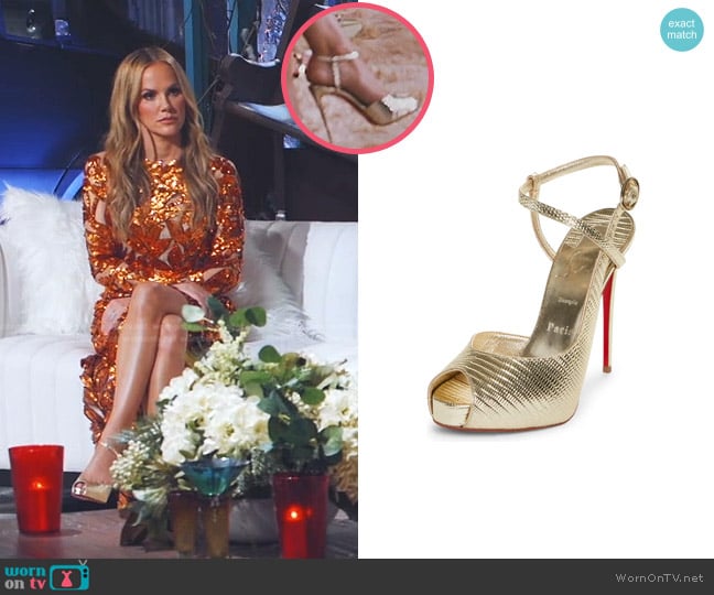 Christian Louboutin Jenlove Lizard Embossed Metallic Sandal worn by Angie Harrington on The Real Housewives of Salt Lake City