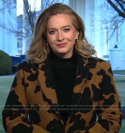 Christina Ruffini’s brown printed coat on CBS Mornings