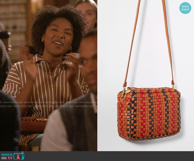 Clare V Marisol Bag in Navy & Red Pinstripe Woven Checker worn by Angelica Porter-Kennard  on The L Word Generation Q