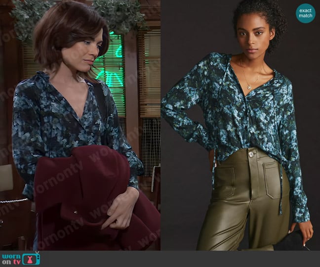 Cloth & Stone Ruffled Buttondown Blouse worn by Elizabeth Webber (Rebecca Herbst) on General Hospital