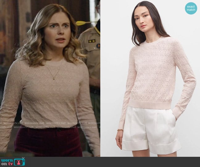 Club Monaco Pointelle Stitch Crew Sweater in Peach worn by Sam (Rose McIver) on Ghosts