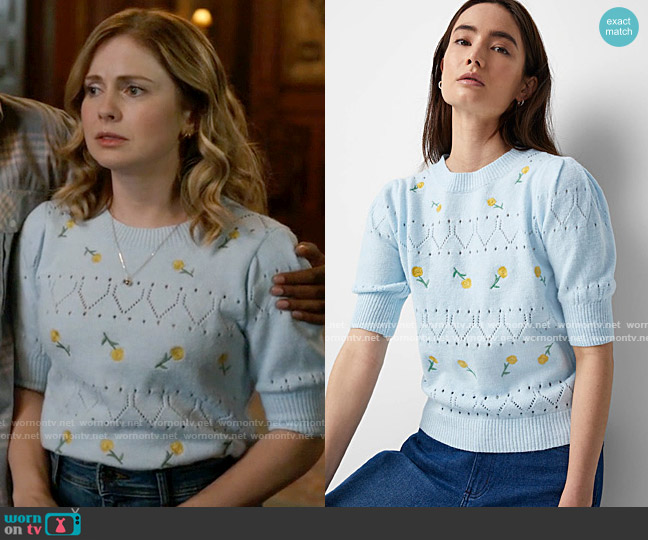 Contemporaine Floral embroidery openwork sweater worn by Sam (Rose McIver) on Ghosts