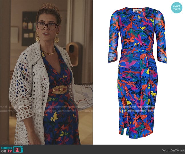 Diane von Furstenberg Lando printed ruched mesh midi dress worn by Madeline Wheeler (Kate Walsh) on Emily in Paris
