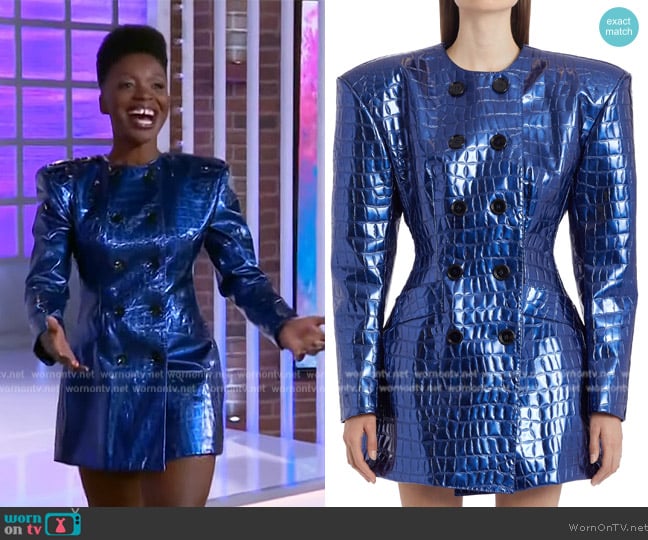 Dolce & Gabbana Croc Embossed Laminated Double Breasted Blazer worn by Folake Olowofoyeku on The Kelly Clarkson Show