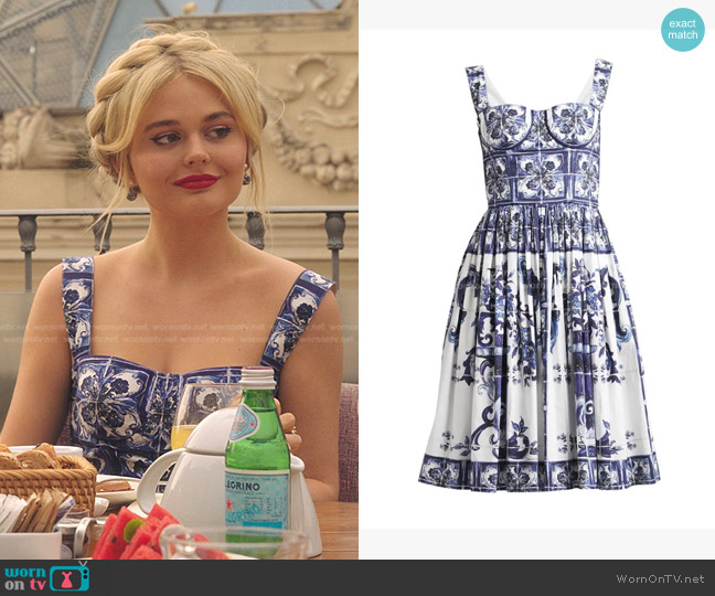 Dolce & Gabbana Tile-Print Pleated Poplin Bustier Dress worn by Audrey Hope (Emily Alyn Lind) on Gossip Girl