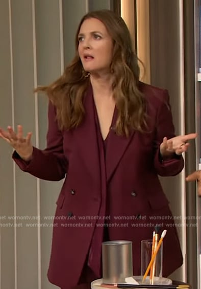 Drew’s burgundy blazer and pants on The Drew Barrymore Show