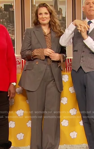 Drew’s gray pinstripe blazer and blouse on The Drew Barrymore Show