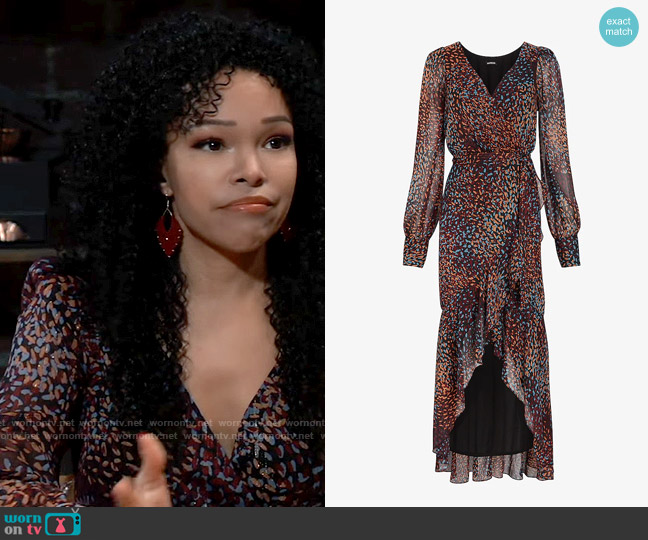 Express Metallic Printed Faux Wrap Ruffle Hi-Lo Maxi Dress worn by Portia Robinson (Brook Kerr) on General Hospital