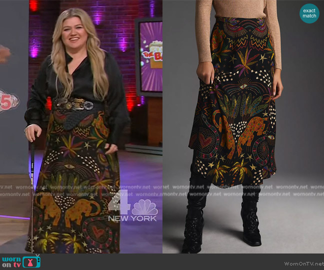 Farm Rio Farm Rio Satin-Slip Midi Skirt worn by Kelly Clarkson on The Kelly Clarkson Show