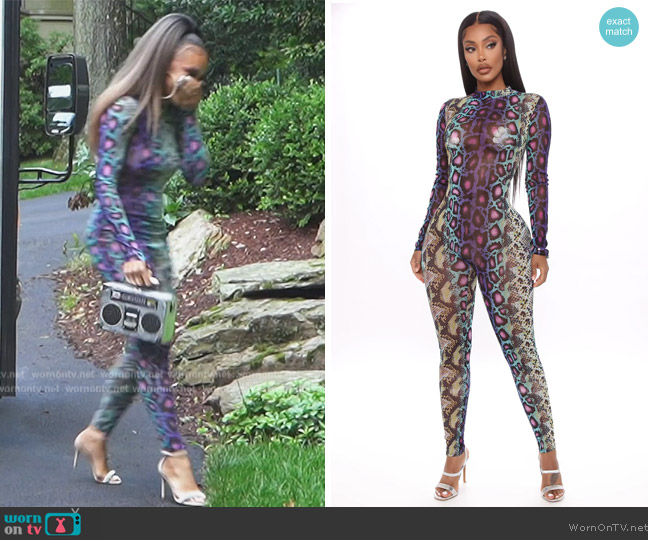 Fashion Nova Sassy Slither Snake Jumpsuit worn by Ashley Darby on The Real Housewives of Potomac
