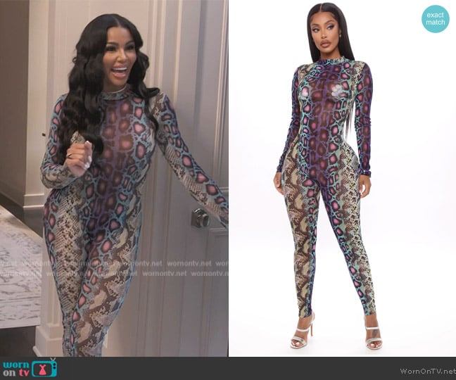 Fashion Nova Sassy Slither Snake Jumpsuit worn by Mia Thornton on The Real Housewives of Potomac