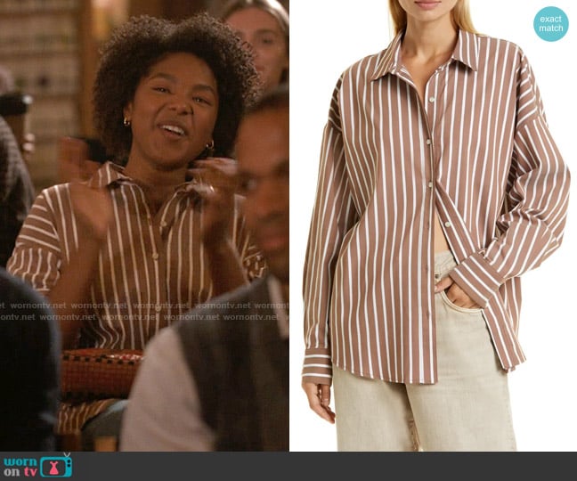 Favorite Daughter Ex-Boyfriend Button-Up Shirt in Wide Stripe worn by Angelica Porter-Kennard  on The L Word Generation Q
