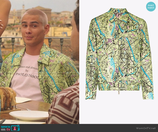 Fendi Map-Print Silk-Satin Jacket worn by  Akeno Menzies (Evan Mock) on Gossip Girl