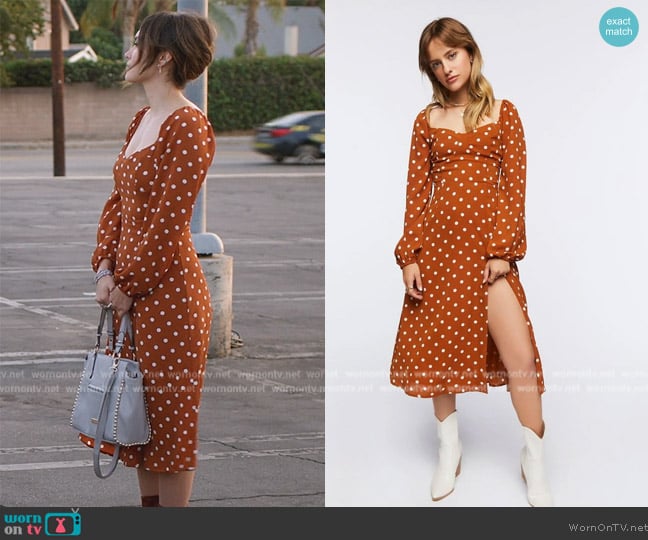 Forever 21 Polka Dot Peasant-Sleeve Midi Dress worn by (Daniella Pineda) on Home Economics