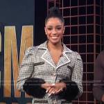 Francesca Amiker’s tweed blazer dress with fur cuff on E! News