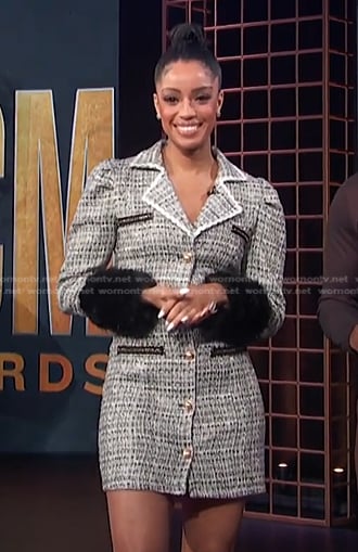 Francesca Amiker’s tweed blazer dress with fur cuff on E! News