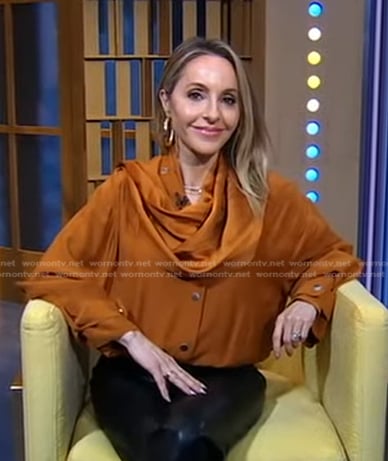 Gabrielle Bernstein’s orange orange scarf neck blouse on Good Morning America