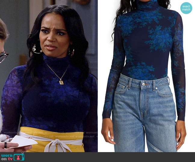 Ganni Floral Mesh Turtleneck Top worn by Randi (Kyla Pratt) on Call Me Kat
