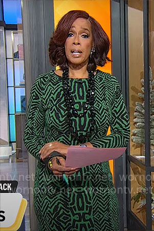 Gayle King’s green and black printed dress on CBS Mornings