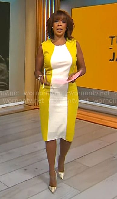 Gayle King’s yellow and white colorblock dress on CBS Mornings