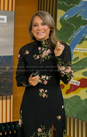 Ginger’s black floral print mock neck dress on Good Morning America
