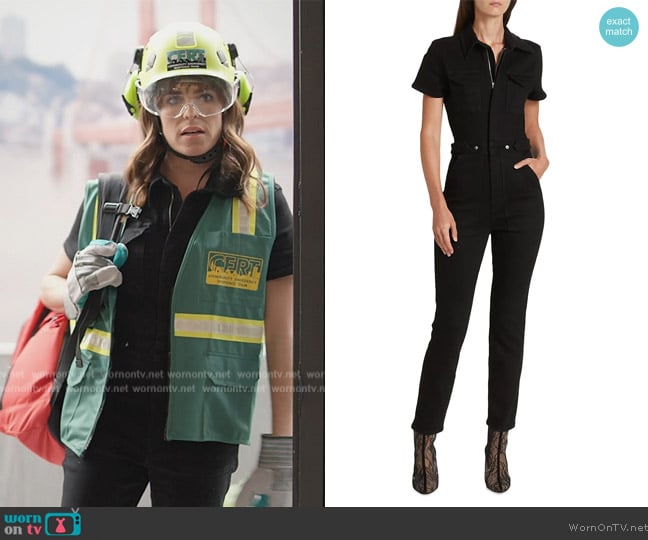 Good American Short-Sleeve Denim Jumpsuit worn by Marina (Karla Souza) on Home Economics