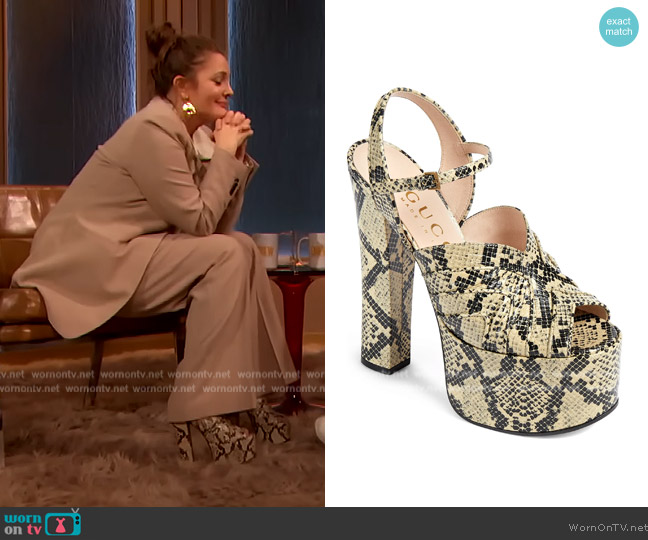 Gucci Keyla Snakeskin Print Platform Sandal worn by Drew Barrymore on The Drew Barrymore Show